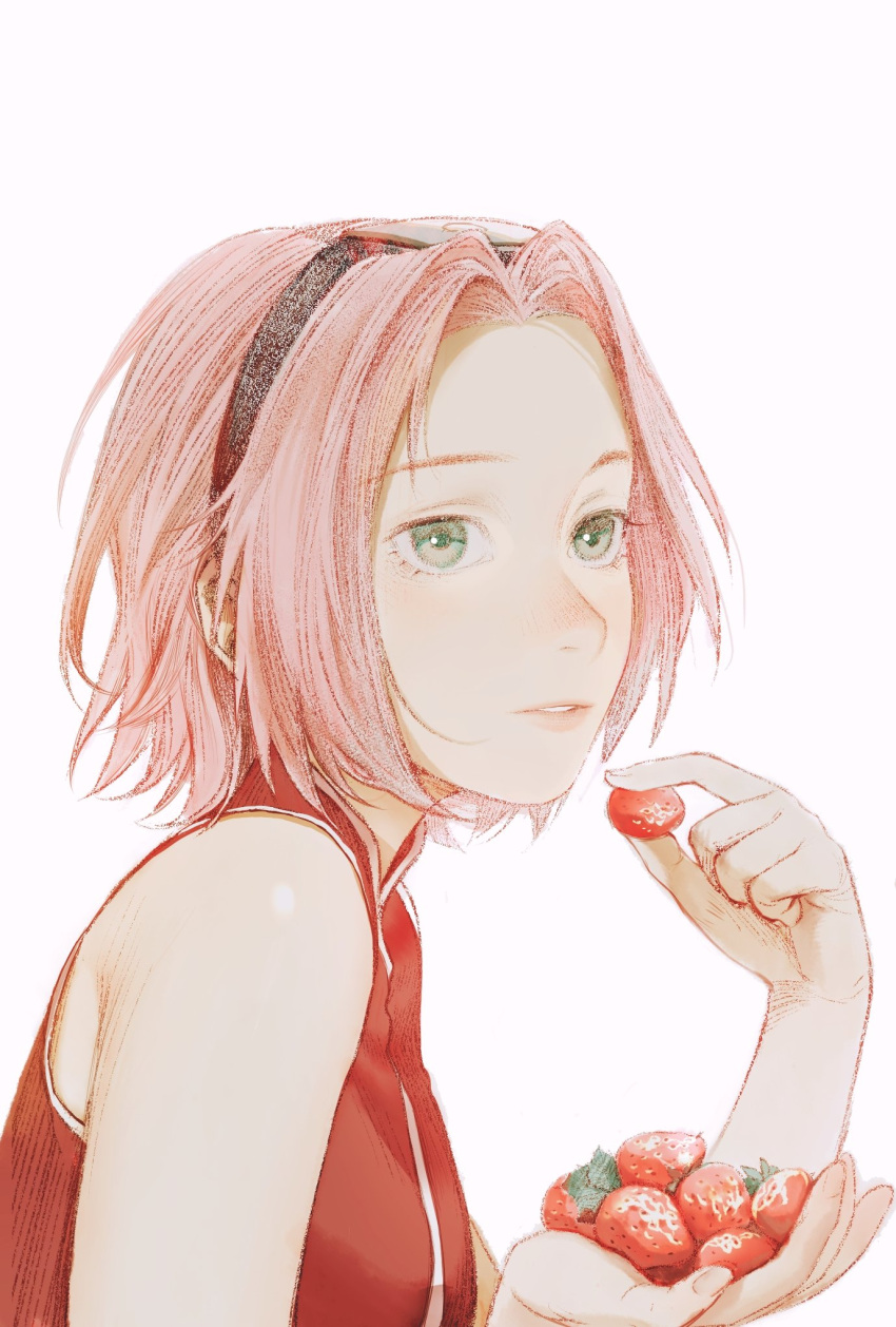 1girl bare_shoulders black_hairband dress fingernails food fruit green_eyes hairband hands_up haruno_sakura highres holding holding_food holding_fruit lips long_fingernails looking_to_the_side mandarin_collar naruto naruto_(series) pink_hair red_dress short_hair simple_background sleeveless sleeveless_dress solo strawberry teeth tobu_(bilibil) white_background