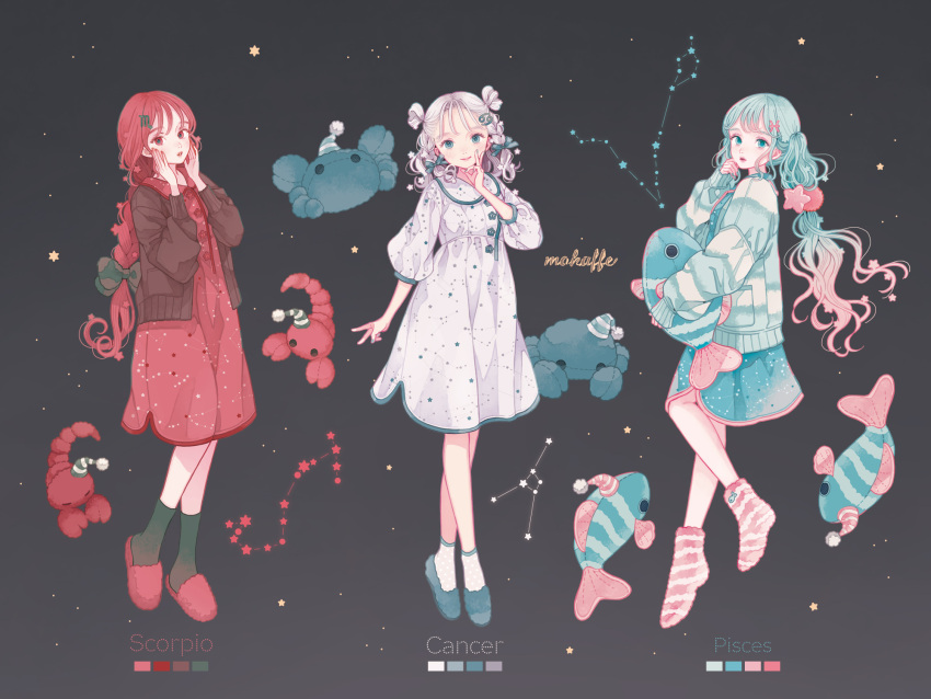 3girls ankle_socks aqua_eyes aqua_hair artist_name black_background black_socks blue_bow blue_eyes blue_footwear bow braid cancer_(constellation) cancer_(zodiac) cardigan color_guide constellation constellation_print double_bun dress earrings full_body gradient_hair green_bow grey_hair hair_bow hair_bun hair_ornament hairclip hand_on_own_face hand_to_own_mouth highres holding holding_stuffed_toy jacket jewelry long_hair long_sleeves looking_at_viewer mokaffe multicolored_hair multiple_girls nail_polish no_shoes open_cardigan open_clothes open_mouth original pink_hair pink_socks pisces_(constellation) pisces_(zodiac) polka_dot polka_dot_bow polka_dot_dress puffy_long_sleeves puffy_sleeves red_dress red_eyes red_footwear red_hair red_nails ribbon scorpio_(zodiac) scorpion sleeves_past_wrists slippers smile socks standing star_(symbol) striped_clothes striped_socks stuffed_animal stuffed_toy twintails very_long_hair wavy_hair white_dress zodiac