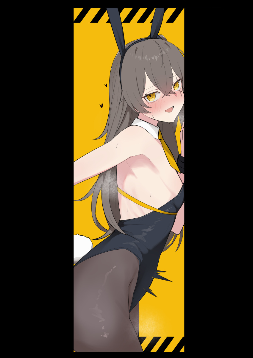 1girl absurdres animal_ears backless_leotard black_border black_leotard black_pantyhose blush border breasts brown_hair fake_animal_ears fake_tail from_side girls'_frontline hair_between_eyes hand_out_of_frame highres leotard long_hair looking_at_viewer necktie open_mouth pantyhose parody pillarboxed playboy_bunny rabbit_ears rabbit_hole_(vocaloid) rabbit_tail re1kirisaki342 scar scar_across_eye short_necktie sideboob simple_background small_breasts smile tail ump45_(girls'_frontline) yellow_background yellow_eyes yellow_necktie