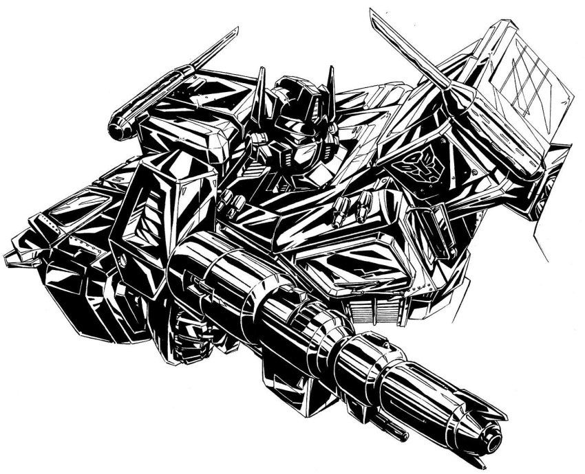 autobot english_commentary greyscale gun holding holding_gun holding_weapon looking_to_the_side mecha monochrome no_humans optimus_prime reece_b_scott robot simple_background transformers transformers:_generation_1 upper_body weapon white_background