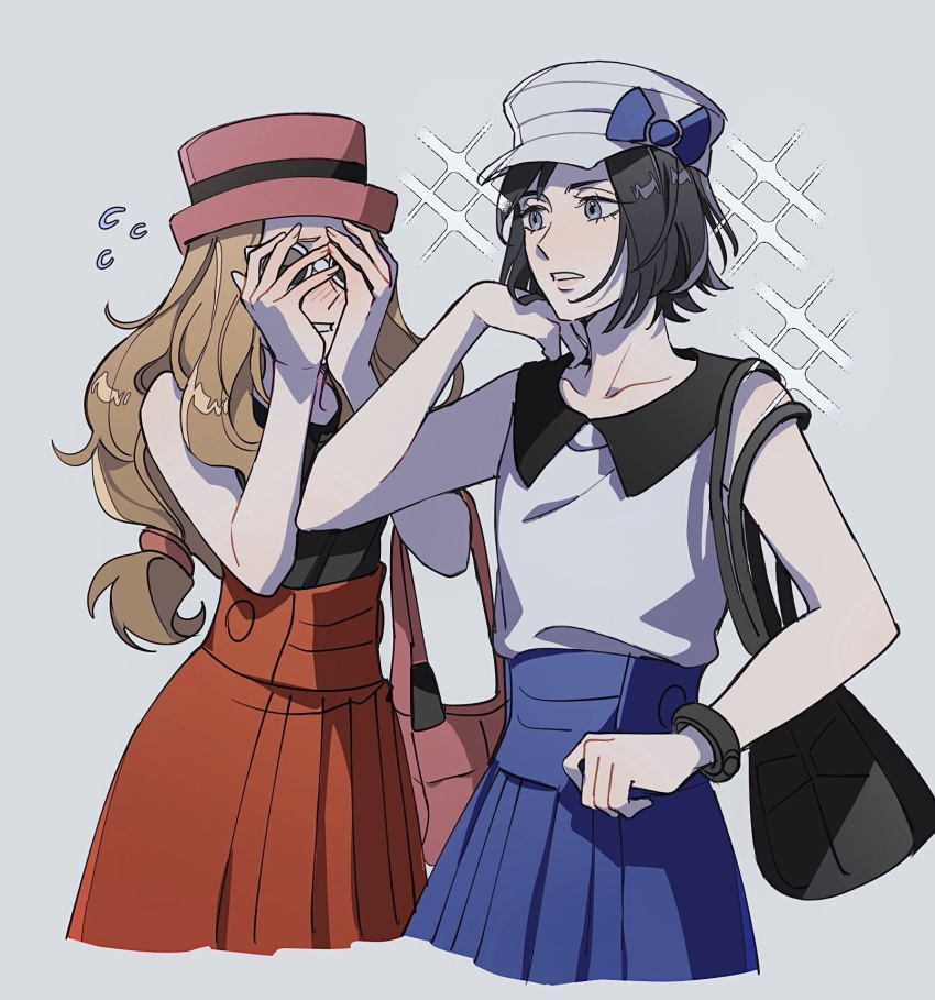 1boy 1girl alternate_costume bag black_hair blonde_hair blue_skirt blush calem_(pokemon) clenched_teeth collared_shirt commentary crossdressing eyelashes flying_sweatdrops grey_background grey_eyes handbag hands_up hat highres long_hair low-tied_long_hair oratoza pleated_skirt pokemon pokemon_xy serena_(pokemon) shirt short_hair skirt sleeveless sleeveless_shirt sunglasses symbol-only_commentary teeth