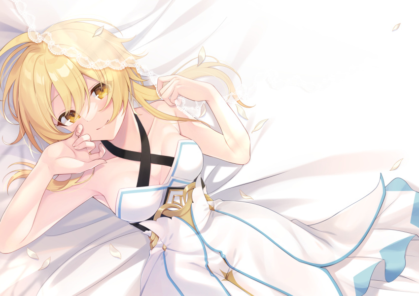 1girl arm_up bare_shoulders blonde_hair blush breasts closed_mouth dress flower genshin_impact hair_between_eyes hair_flower hair_ornament looking_at_viewer lumine_(genshin_impact) lying medium_breasts nata_ichio smile white_dress yellow_eyes