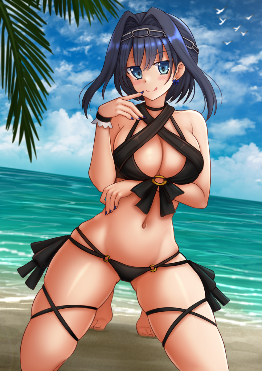 1girl :q bangs bare_shoulders barefoot beach bikini black_bikini blue_eyes blue_hair blue_nails blue_sky blush bow bow_earrings breasts cleavage closed_mouth cloud cloudy_sky commentary criss-cross_halter day earrings eyebrows_visible_through_hair hair_between_eyes hair_intakes halterneck highres hololive hololive_english horizon jewelry kazenokaze kneeling large_breasts nail_polish navel o-ring o-ring_bikini o-ring_bottom ouro_kronii outdoors palm_tree sand skindentation sky smile solo swimsuit tongue tongue_out tree virtual_youtuber water