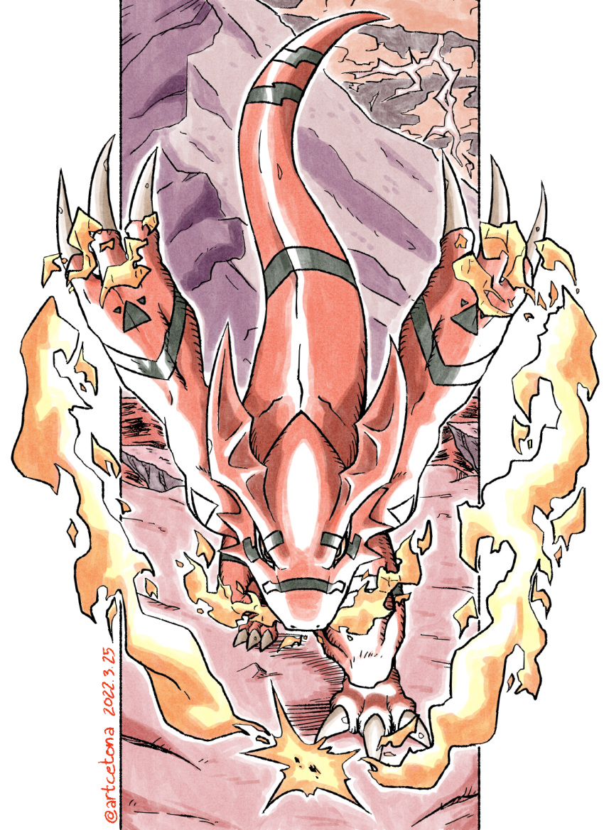 artcetona breath_weapon breathing_fire claws colored_skin dated digimon digimon_(creature) dinosaur fewer_digits fire from_above guilmon_x-antibody head_wings highres limited_palette mountain red_skin running tail thunder twitter_username wings yellow_eyes