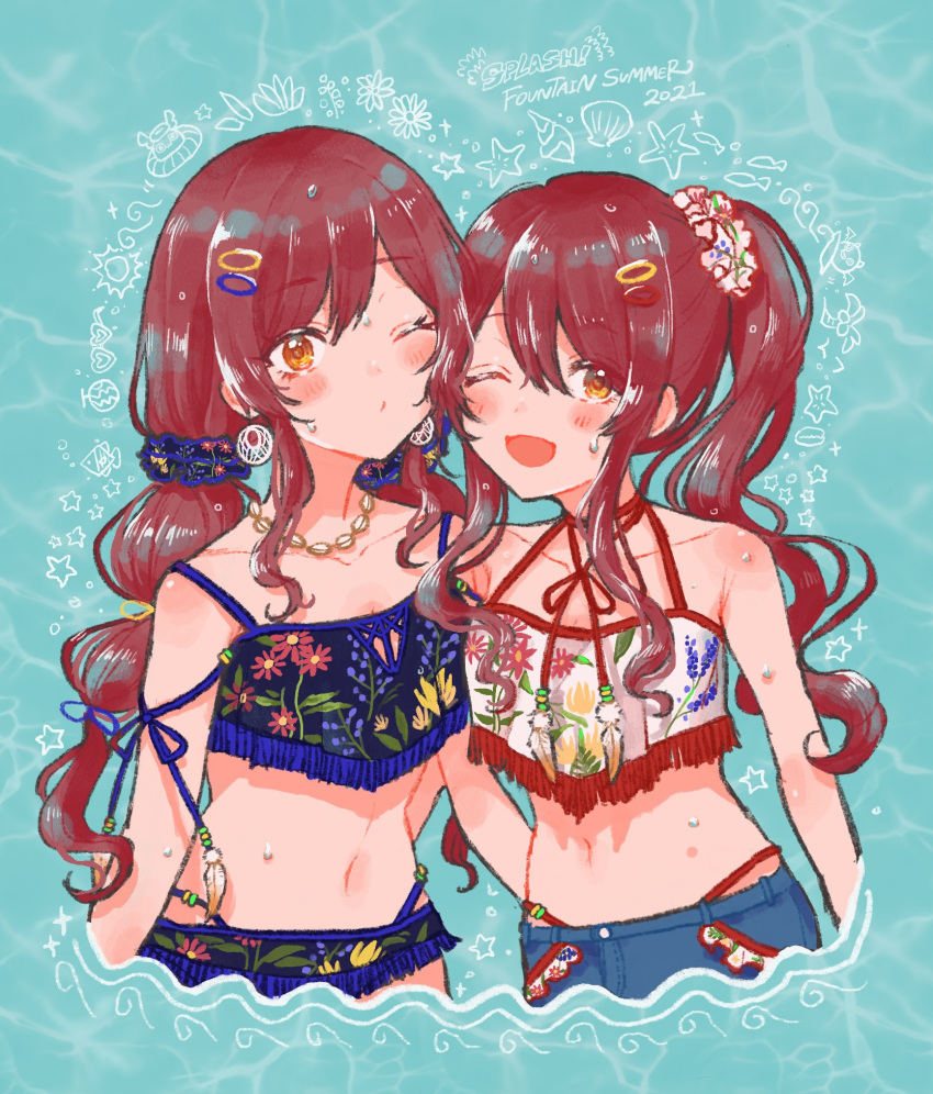 2girls ;d anam95 bikini blush cowboy_shot earrings floral_print hair_between_eyes hair_ornament hairclip highres idolmaster idolmaster_shiny_colors jewelry long_hair low_twintails multiple_girls necklace one_eye_closed osaki_amana osaki_tenka puckered_lips red_hair scrunchie side_ponytail smile stomach swept_bangs swimsuit twintails wet yellow_eyes