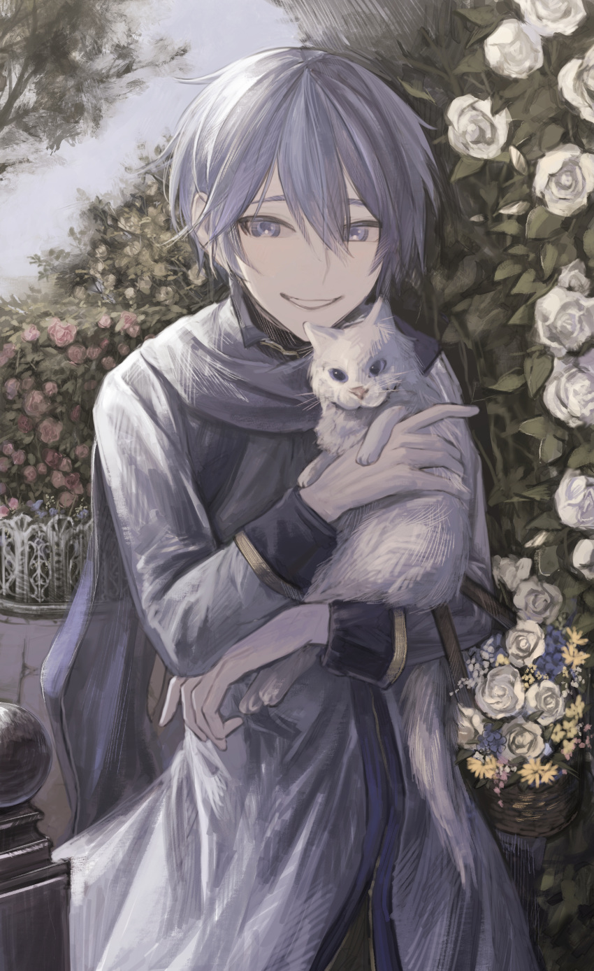 1boy absurdres animal basket blue_eyes blue_hair blue_scarf cat coat commentary_request flower garden hair_between_eyes highres holding holding_animal holding_basket holding_cat ill_0619 kaito_(vocaloid) looking_at_viewer male_focus red_flower red_rose rose scarf smile solo teeth tree upper_body vocaloid whiskers white_cat white_coat white_flower white_rose