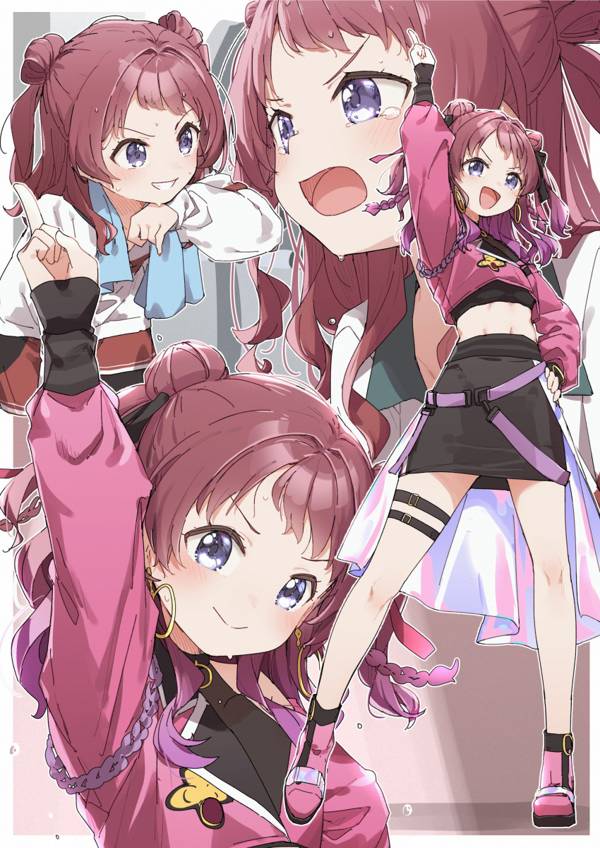 1girl absurdres arm_up blush brown_hair earrings full_body gakuen_idolmaster grin hanami_saki heart heart_earrings highres idol_clothes jewelry looking_ahead looking_at_viewer midriff multiple_views navel outstretched_arm pointing smile sweat tears thigh_strap two_side_up v-shaped_eyebrows yukie_(kusaka_shi)