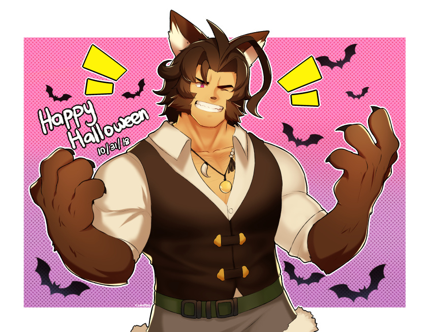 1boy absurdres animal_ears animal_hands bara bat black_vest body_fur brown_hair cowboy_shot dragalia_lost fujimachine_(clayten) grin halloween halloween_costume happy_halloween highres large_pectorals male_focus messy_hair muscular muscular_male off_shoulder one_eye_closed partially_unbuttoned pectoral_cleavage pectorals ranzal_(dragalia_lost) red_eyes short_hair smile solo tooth_necklace vest wolf_boy wolf_ears