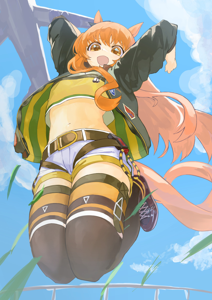 1girl absurdres aircraft airplane animal_ears belt black_thighhighs blue_sky blush bow grass green_jacket hair_between_eyes highres horse_ears horse_girl horse_tail jacket long_hair long_sleeves looking_at_viewer mayano_top_gun_(umamusume) navel open_mouth orange_eyes orange_hair shirt shoes shorts sky smile solo tail tetra_(ktet4_illu) thighhighs umamusume