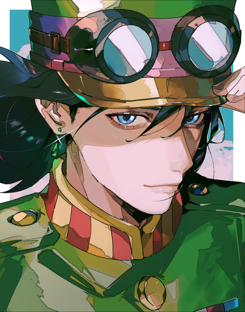 1boy black_hair blue_eyes buttons close-up earrings floating_hair goggles goggles_on_headwear green_jacket hair_between_eyes hand_on_headwear hat highres howl_(howl_no_ugoku_shiro) howl_no_ugoku_shiro jacket jewelry light_smile looking_at_viewer male_focus military_jacket military_uniform portrait sky solo torinodesu4 uniform