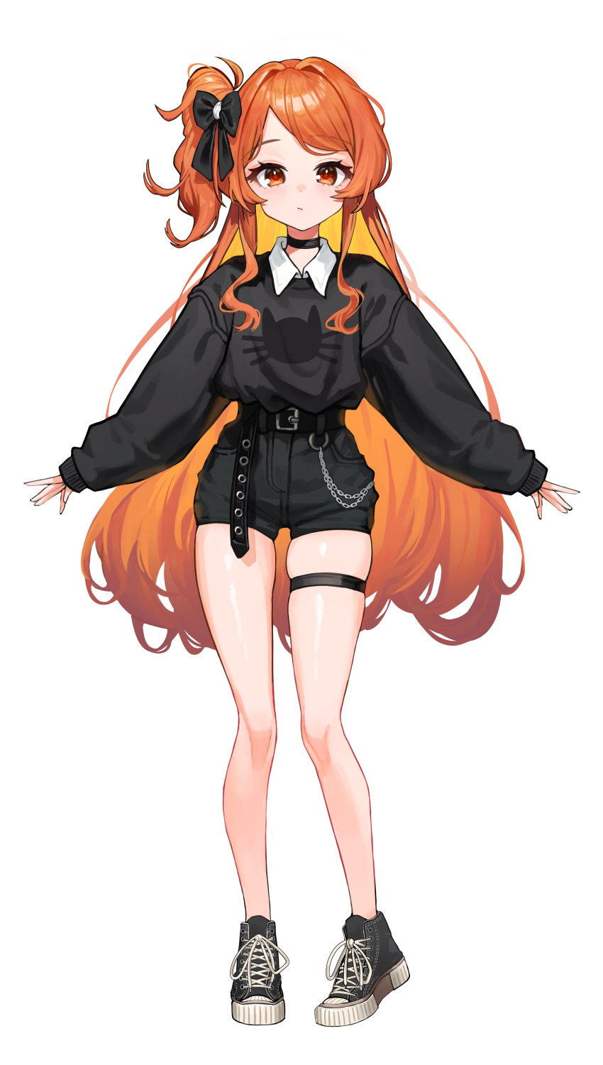 1girl absurdres alternate_costume belt_buckle black_choker black_footwear black_shirt blush buckle casual choker full_body hair_intakes highres idolmaster idolmaster_million_live! long_hair long_sleeves looking_at_viewer ogami_tamaki one_side_up orange_hair shirt shoes sillon simple_background skindentation sneakers solo thigh_strap very_long_hair white_background
