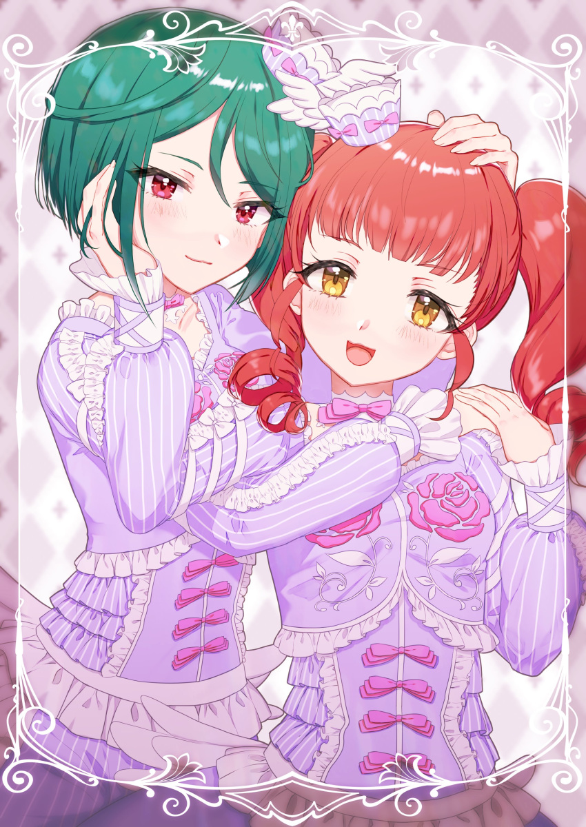 2girls absurdres akagi_anna blunt_bangs closed_mouth floral_print flower frilled_shirt frills green_hair hand_on_another's_cheek hand_on_another's_face hand_on_another's_hand hand_on_another's_head hand_on_another's_shoulder hands_up highres hourai_ninjin idol_clothes kiratto_pri_chan long_hair long_sleeves looking_at_viewer midorikawa_sara mini_person minigirl multiple_girls open_mouth pink_eyes pink_flower pink_ribbon pink_rose pretty_series puffy_long_sleeves puffy_sleeves purple_shirt red_hair ribbon rose shirt short_hair smile twintails upper_body yellow_eyes