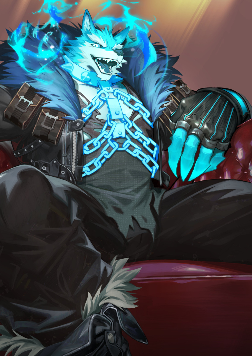 2024 5_fingers absurd_res anthro barazoku biped blue_body blue_fur blue_sclera canid canine canis chain chair clothing countershade_fur countershading dislyte fingerless_gloves fingers freddy_(dislyte) fur furniture gloves handwear hi_res looking_at_viewer male mammal moodraw muscular muscular_anthro muscular_male on_chair sitting sitting_on_chair solo white_body white_countershading white_eyes white_fur wolf