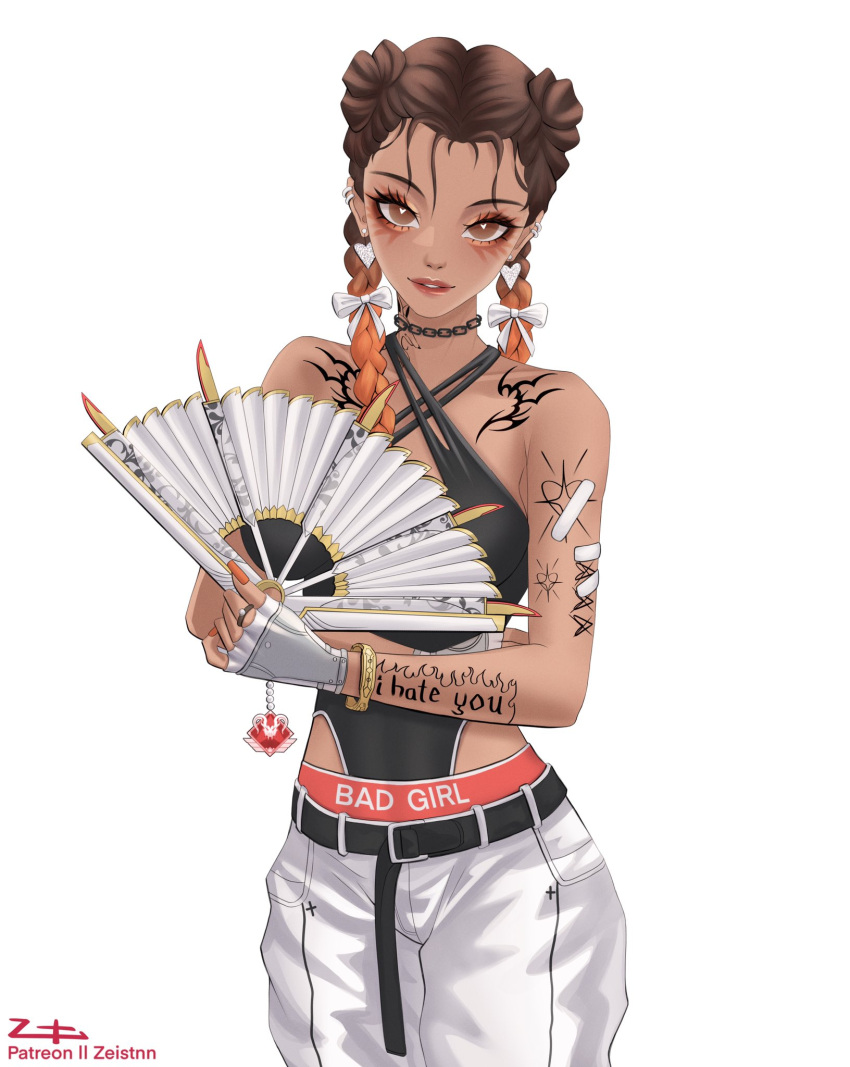 1girl animification apex_legends arm_tattoo belt black_belt black_leotard bow bracelet braid breasts bright_pupils brown_hair criss-cross_halter dark-skinned_female dark_skin earrings eyeshadow fingerless_gloves folding_fan garra_de_alanza gloves gradient_hair halterneck hand_fan heart heart-shaped_pupils heart_earrings highres holding holding_fan jewelry leotard loba_(apex_legends) looking_at_viewer makeup medium_breasts multicolored_hair orange_hair paid_reward_available panties pants parted_lips red_eyeshadow red_panties smile solo streetwear symbol-shaped_pupils tattoo twin_braids underwear white_bow white_gloves white_pants white_pupils zeistnn