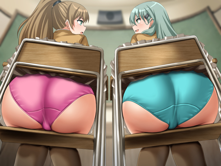 2girls absurdres aqua_panties ass brown_hair brown_skirt brown_thighhighs chair classroom frilled_skirt frills from_behind green_eyes green_hair hair_ornament hairclip highres indoors kantai_collection kumano_(kancolle) kumano_kai_ni_(kancolle) long_hair miniskirt multiple_girls panties ponytail purple_panties school_chair school_uniform sitting skirt suzuya_(kancolle) suzuya_kai_ni_(kancolle) thighhighs underwear zanntetu