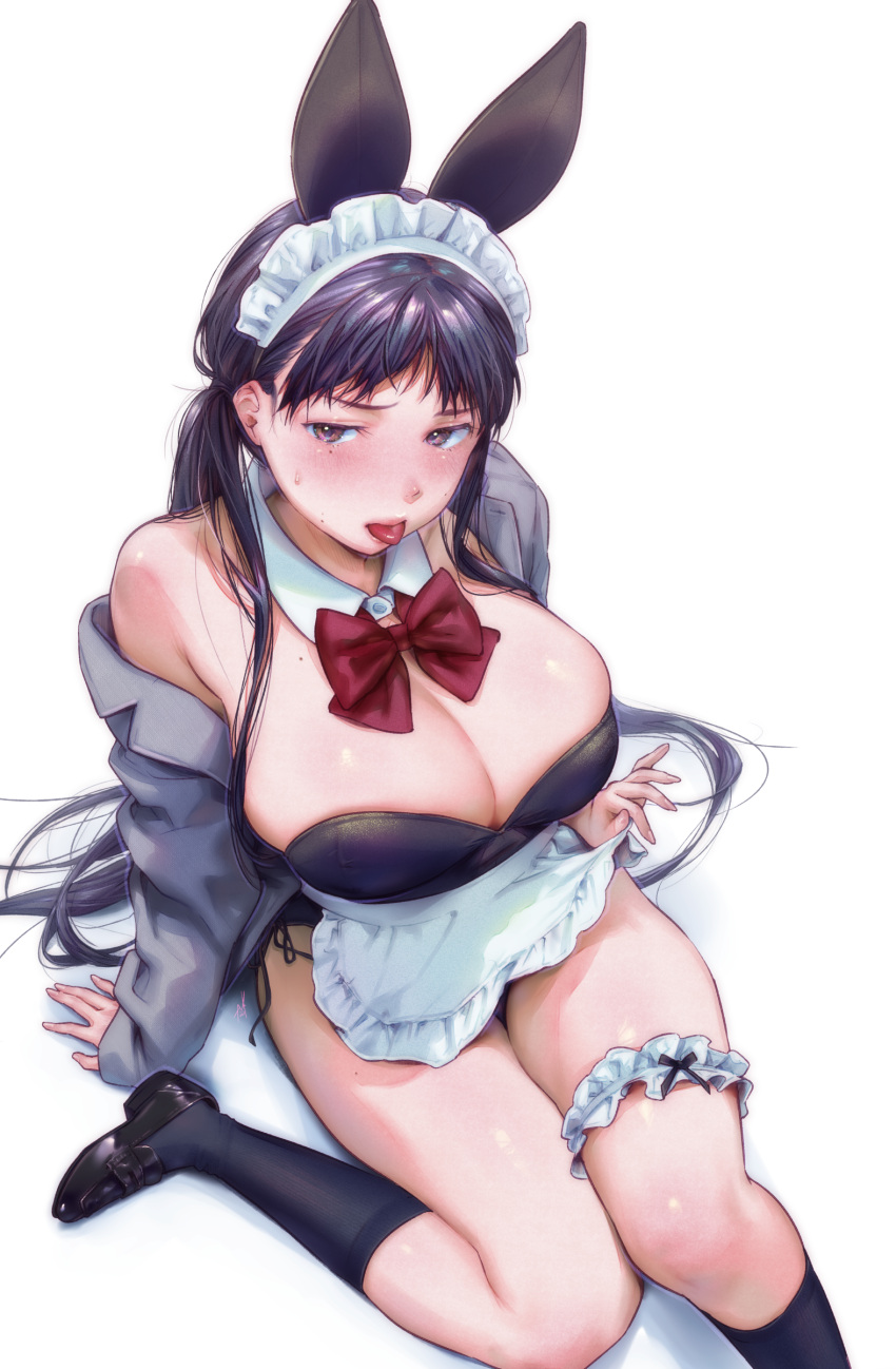 1girl absurdres animal_ears apron apron_lift banned_artist black_footwear black_legwear black_leotard blush bow bowtie breasts brown_eyes cleavage commentary_request detached_collar fake_animal_ears fingernails highres kamiyama_aya kneehighs large_breasts leotard lifted_by_self long_hair maid maid_headdress mole mole_under_eye off_shoulder original playboy_bunny purple_hair rabbit_ears red_bow red_bowtie revision scarf shiny shiny_hair shiny_skin simple_background sitting solo sweat thigh_scrunchie tongue tongue_out white_apron white_background white_scarf