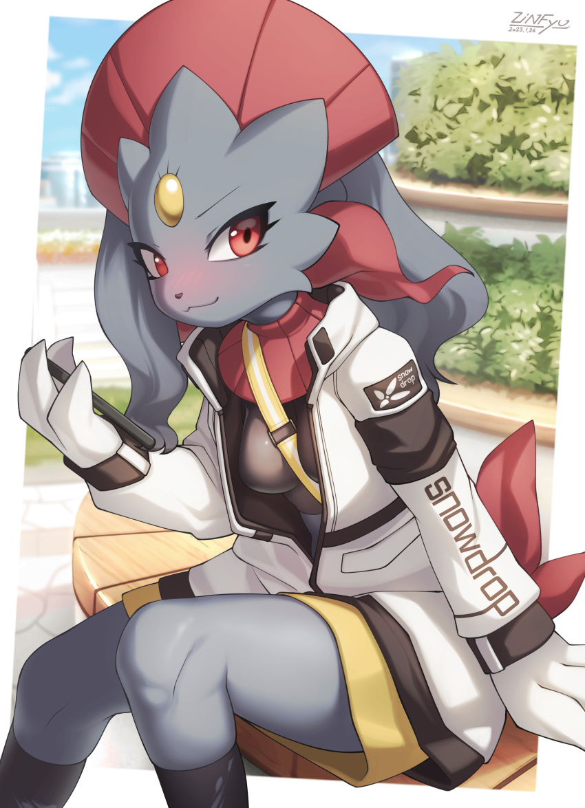 :3 absurd_res anthro biped blush border bottomwear cellphone claws clothing detailed_background electronics female generation_4_pokemon grey_body hi_res looking_at_viewer nintendo phone pokemon pokemon_(species) red_body red_eyes signature skirt smartphone solo streetwear techwear weavile white_border zinfyu