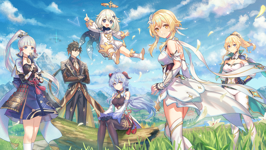 1boy 5girls ahoge anbe_yoshirou armor armored_dress bell black_hair blonde_hair blue_eyes blue_hair blue_sky breastplate breasts cape capelet chinese_clothes cleavage closed_mouth cloud commentary_request crossed_arms detached_collar detached_sleeves floating_hair folding_fan ganyu_(genshin_impact) genshin_impact goat_horns grass hair_ornament hair_ribbon hand_fan hand_on_hip high_ponytail highres holding holding_fan horns index_finger_raised japanese_clothes jean_(genshin_impact) kamisato_ayaka light_blue_hair log long_hair low_ponytail lumine_(genshin_impact) multiple_girls neck_bell neck_ribbon open_mouth orange_eyes outdoors paimon_(genshin_impact) parted_lips ponytail purple_eyes ribbon rope_belt sidelocks sitting sky smile standing tassel taut_clothes teeth thighhighs tress_ribbon vambraces very_long_hair vision_(genshin_impact) white_legwear yellow_eyes zhongli_(genshin_impact)