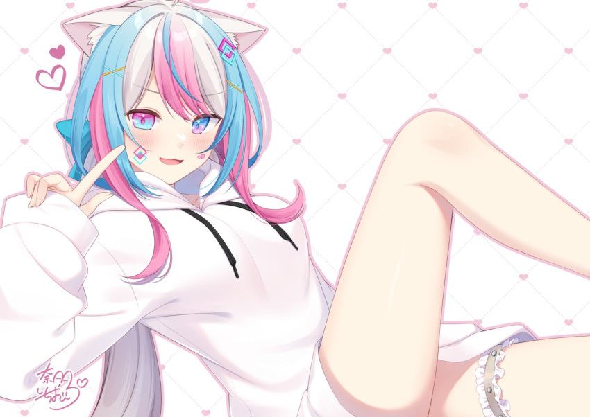 1girl animal_ears aqua_eyes blue_eyes blue_hair blush cat_ears commission facial_mark hood hoodie leg_up long_hair long_sleeves multicolored_eyes multicolored_hair nata_ichio open_mouth original pink_eyes pink_hair skeb_commission solo streaked_hair white_hair white_hoodie