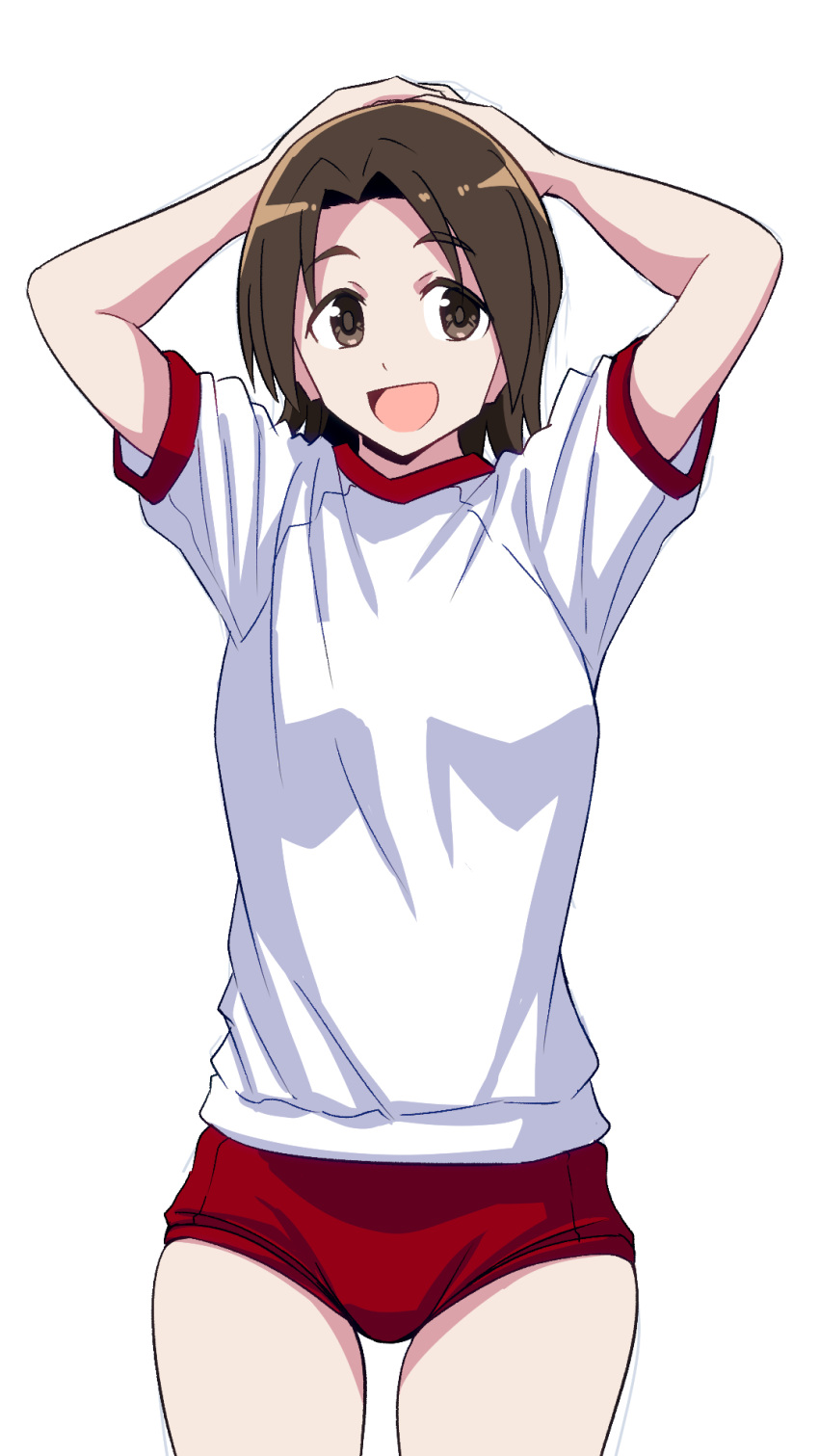 1girl arms_up brown_eyes brown_hair buruma commentary cowboy_shot girls_und_panzer gym_shirt gym_uniform hands_on_own_head highres looking_at_viewer parted_bangs ponzu_rui red_buruma sawa_azusa shirt short_hair short_sleeves simple_background solo standing t-shirt white_background