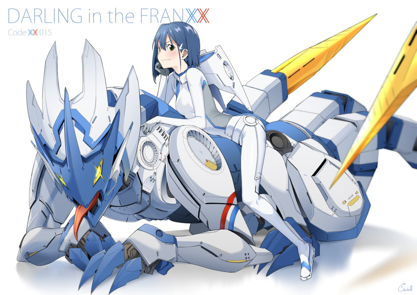 1girl :| blue_hair blush bob_cut bodysuit breasts character_name chicke_iii closed_mouth commentary copyright_name darling_in_the_franxx delphinium_(darling_in_the_franxx) from_side full_body green_eyes hair_between_eyes hair_ornament hairclip highres hood hood_down ichigo_(darling_in_the_franxx) leaning_forward looking_at_viewer looking_to_the_side mecha on_mecha pilot_suit reflection robot serious short_hair small_breasts solo symbol-only_commentary tongue tongue_out v-shaped_eyebrows white_background white_bodysuit