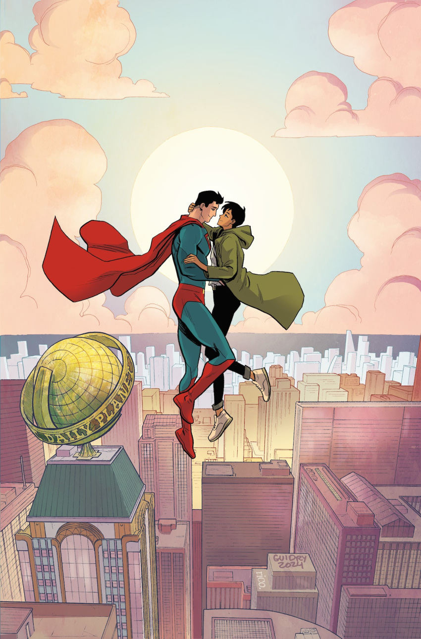 1boy 1girl 2024 artist_name black_hair black_pants blue_sky bodysuit building cape cityscape clark_kent cloud cover cover_page dc_comics eye_contact floating gavin_guidry hand_on_another's_hip highres hood hood_down hooded_jacket jacket lois_lane looking_at_another my_adventures_with_superman official_art pants short_hair sky smile sun superhero_costume superman superman_(series)