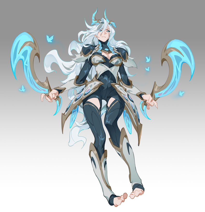 1girl armor black_sclera blue_eyes blue_thighhighs cleavage_cutout clothing_cutout colored_sclera concept_art dual_wielding faerie_court_katarina full_body gauntlets highres holding horns katarina_(league_of_legends) league_of_legends long_hair lucaxu1991 pauldrons shoulder_armor solo standing thighhighs toeless_footwear white_hair