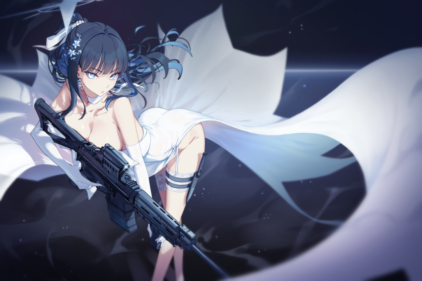 1girl bare_shoulders black_hair blue_archive blue_eyes blue_hair blue_halo breasts choker cleavage colored_inner_hair commentary dress earrings elbow_gloves garter_straps gloves gun hair_ornament halo highres holding holding_gun holding_weapon jewelry knife knife_sheath large_breasts leaning_forward long_hair looking_at_viewer multicolored_hair official_alternate_costume penguin_say saori_(blue_archive) saori_(dress)_(blue_archive) sheath solo standing strapless strapless_dress thigh_sheath weapon white_choker white_dress white_garter_straps white_gloves