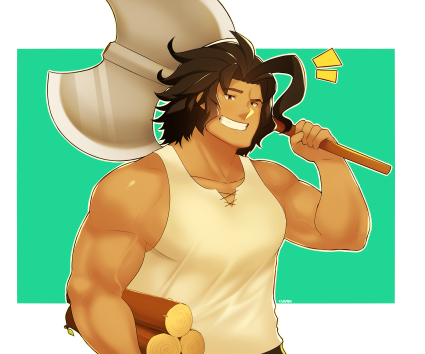 1boy absurdres axe bara bare_shoulders brown_hair carrying carrying_under_arm cross-laced_clothes cross-laced_slit cross-laced_top dark-skinned_male dark_skin dragalia_lost fujimachine_(clayten) grin highres holding holding_axe large_pectorals looking_at_viewer male_focus muscular muscular_male pectorals ranzal_(dragalia_lost) short_hair sidepec sleeveless smile solo tank_top upper_body veins white_tank_top