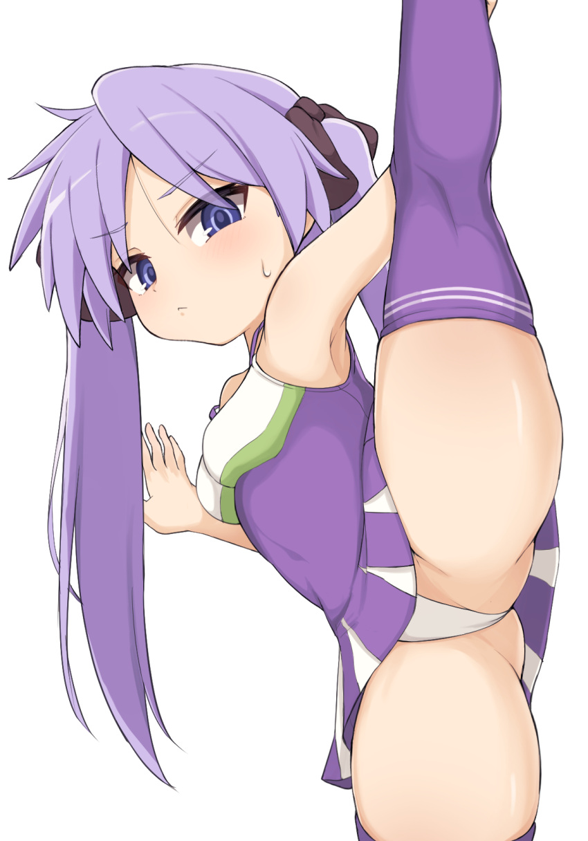 1girl arm_support arm_up armpits ass breasts cheerleader clothes_lift flexible highres hiiragi_kagami holding_leg kneepits leaning_to_the_side leg_hold leg_lift leg_up legs long_hair looking_at_viewer lucky_star miniskirt nicomi-chan panties purple_eyes purple_hair purple_shirt purple_skirt purple_thighhighs ribbon shirt skirt skirt_lift solo split standing standing_on_one_leg standing_split thighhighs thighs twintails underwear white_panties