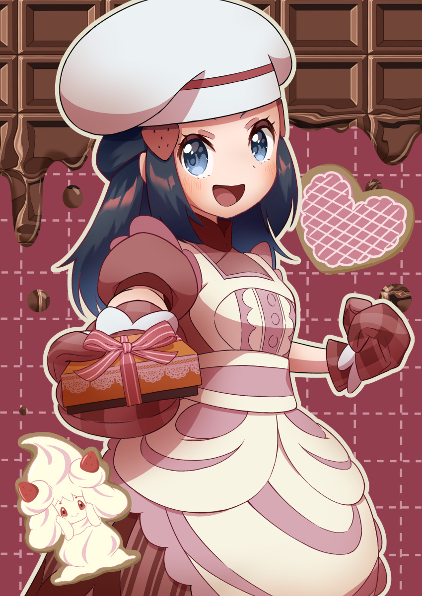 1girl :d absurdres alcremie alcremie_(strawberry_sweet) apron black_hair box buttons chef_hat clenched_hand commentary_request dawn_(palentine's_2021)_(pokemon) dawn_(pokemon) dress eyelashes gift gift_box grey_eyes hair_ornament hairclip happy hat highres long_hair looking_at_viewer official_alternate_costume open_mouth oven_mitts pokemon pokemon_masters_ex red_dress refisa ribbon short_sleeves sidelocks smile tongue white_headwear