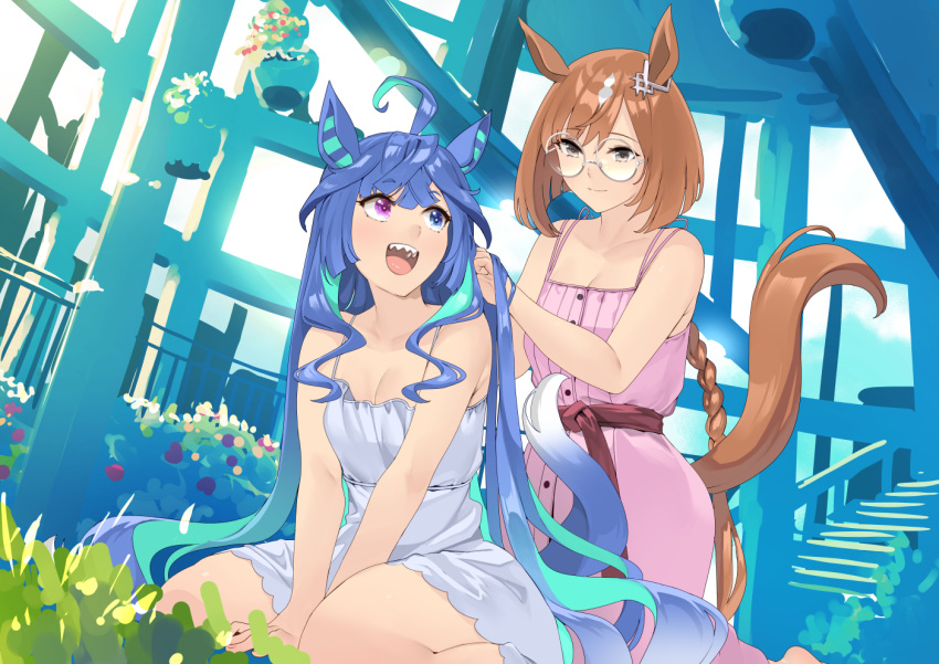 2girls ahoge alternate_hairstyle animal_ears aqua_hair belt between_legs blue_eyes blue_hair blunt_ends bob_cut braid breasts cleavage closed_mouth commentary crossed_bangs dress ear_ornament furukawa_itsuse glasses grey-framed_eyewear grey_eyes hair_down hand_between_legs heterochromia holding_another's_hair horse_ears horse_girl horse_tail ikuno_dictus_(umamusume) kneeling light_brown_hair long_hair looking_at_another multicolored_hair multiple_girls open_mouth pink_dress purple_eyes red_belt round_eyewear sharp_teeth sidelocks single_braid sitting sleeveless sleeveless_dress spaghetti_strap streaked_hair sundress tail teeth twin_turbo_(umamusume) two-tone_hair umamusume upper_teeth_only very_long_hair wariza white_dress