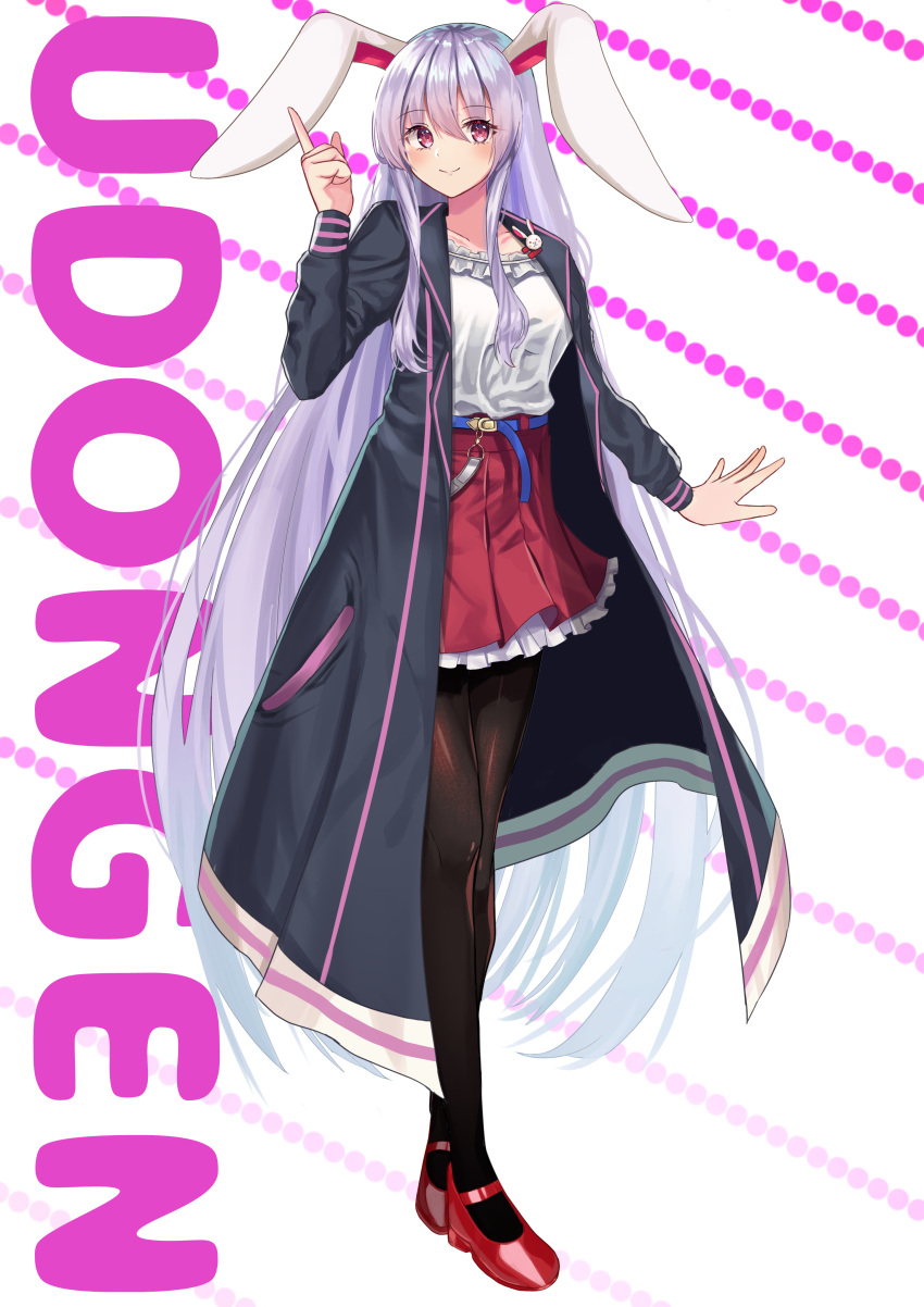 1girl \||/ absurdres afueeriru alternate_costume animal_ears bangs belt black_coat black_legwear blue_belt blush breasts bunny_pin character_name coat collarbone dotted_background eyebrows_visible_through_hair finger_gun frilled_shirt_collar frilled_skirt frills full_body hair_between_eyes highres large_breasts light_purple_hair long_hair long_sleeves looking_at_viewer mary_janes miniskirt off-shoulder_shirt off_shoulder pleated_skirt pocket rabbit_ears red_eyes red_footwear red_skirt reisen_udongein_inaba shirt shoes skirt smile solo standing touhou typo very_long_hair white_background white_shirt