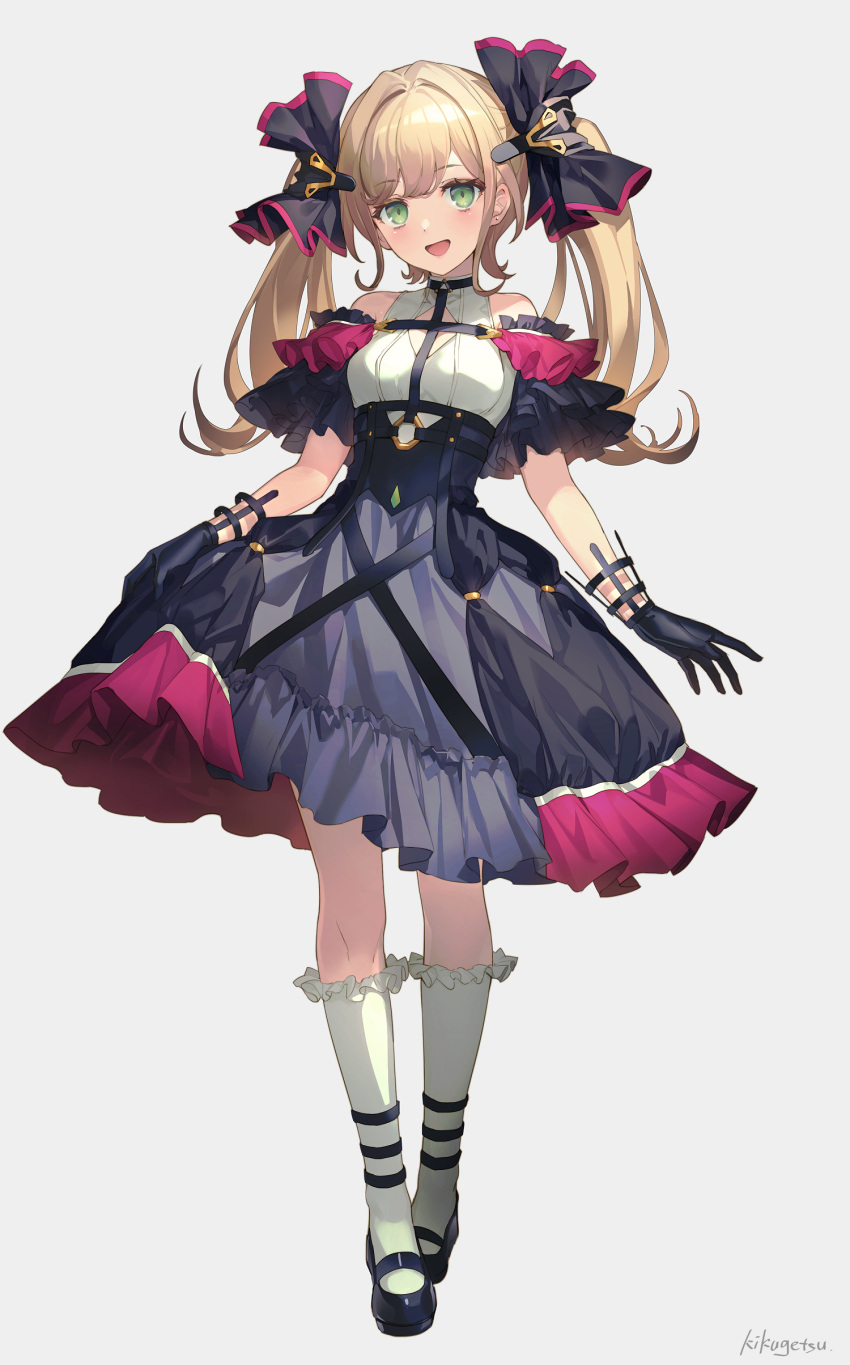 1girl :d absurdres bangs bare_shoulders black_bow black_footwear black_gloves black_skirt blonde_hair bow breasts commentary_request eyebrows_visible_through_hair frilled_legwear frilled_skirt frills full_body gloves green_eyes grey_background hair_bow hair_ornament hairclip highres kikugetsu kneehighs lolita_fashion long_hair looking_at_viewer mary_janes medium_breasts o-ring open_mouth original shirt shoes signature simple_background skirt skirt_hold sleeveless sleeveless_shirt smile solo twintails white_legwear white_shirt