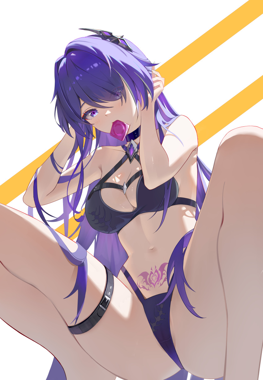 1girl absurdres acheron_(honkai:_star_rail) bare_arms bare_shoulders bikini black_bikini blhazx breasts cleavage commentary_request condom condom_wrapper hair_ornament hair_over_one_eye highres honkai:_star_rail honkai_(series) long_hair looking_at_viewer medium_breasts mouth_hold navel pubic_tattoo purple_eyes purple_hair simple_background solo squatting stomach swimsuit tattoo thigh_strap thighs very_long_hair white_background