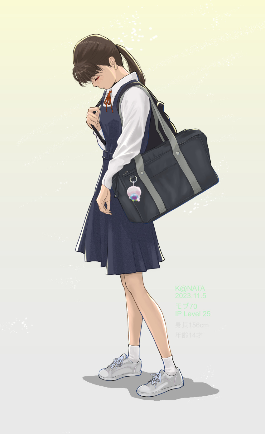 1girl absurdres bag bag_charm brown_hair charm_(object) closed_eyes dress gradient_background highres long_sleeves looking_down measurements original pinafore_dress ponytail school_bag school_uniform shoes sleeveless sleeveless_dress sneakers socks solo white_footwear white_socks y.kami_nao/take