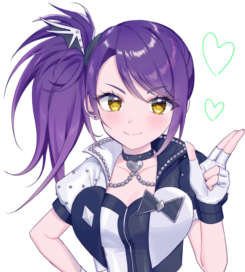 1girl black_bow black_choker bow breasts choker cleavage closed_mouth crop_top cropped_jacket fingerless_gloves gloves hand_up highres hourai_ninjin jacket long_hair looking_at_viewer multicolored_clothes multicolored_jacket open_clothes open_jacket pretty_series pripara purple_hair salute short_sleeves side_ponytail simple_background small_breasts smile solo toudou_shion two-finger_salute two-tone_jacket two-tone_shirt upper_body white_background white_gloves wing_hair_ornament yellow_eyes