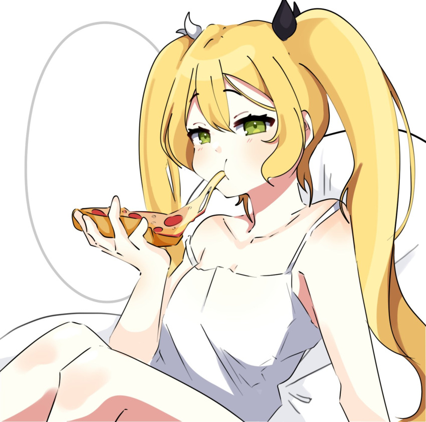 1girl alternate_costume blonde_hair camisole collarbone dokibird_(vtuber) eating food green_eyes highres holding holding_food holding_pizza indie_virtual_youtuber long_hair looking_at_viewer pizza pizza_slice simple_background sitting solo twintails upper_body white_background white_camisole xinchi