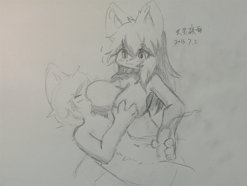 absurd_res anthro blue_and_white bodily_fluids breast_grab breast_play breast_suck breastfeeding breasts butt canid canine canxue canxue_(character) digital_media_(artwork) female fingers fox fur hair hand_on_breast heterochromia hi_res kemono lactating long_hair looking_at_viewer mammal milk monochrome nude portrait simple_background smile solo sucking tail text tongue