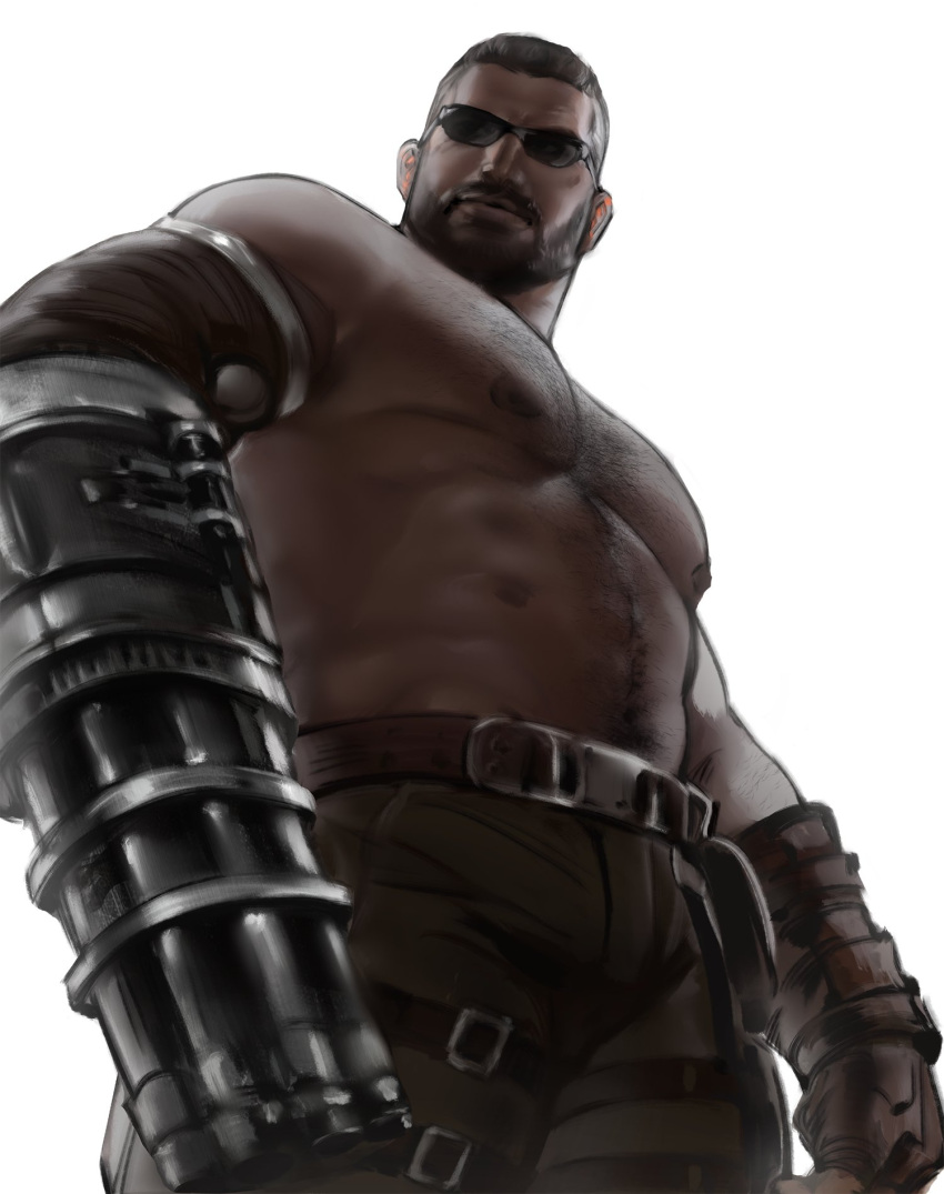 1boy abs amputee backlighting bara barret_wallace beard black-framed_eyewear black_hair bulge buzz_cut chest_hair dark-skinned_male dark_skin facial_hair feet_out_of_frame final_fantasy final_fantasy_vii from_below green_pants harness highres jang_ju_hyeon large_pectorals looking_at_viewer male_focus mature_male muscular muscular_male navel navel_hair nipples pants pectorals short_hair solo stomach sunglasses thick_thighs thighs topless_male very_short_hair weapon