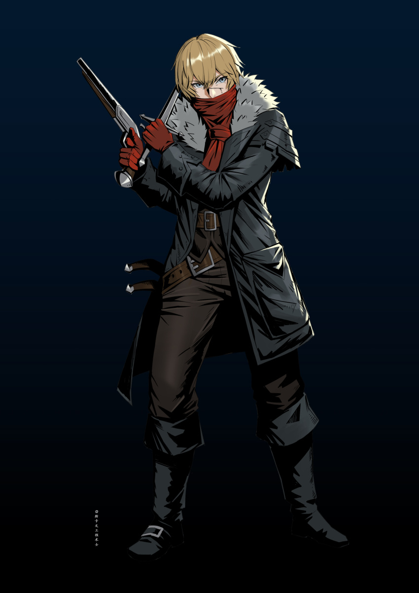 1boy absurdres alternate_costume belt black_background black_footwear black_jacket black_pants black_shirt bleeding blonde_hair blood blue_eyes boots commentary_request cosplay darkest_dungeon dual_wielding full_body fur_collar gloves gun handgun highres highwayman_(darkest_dungeon) highwayman_(darkest_dungeon)_(cosplay) holding holding_gun holding_weapon jacket lee_(punishing:_gray_raven) long_sleeves pants punishing:_gray_raven red_gloves red_scarf scar scar_on_face scar_on_nose scarf scarf_over_mouth shirt skaven_gongcheng_shushi solo sword translation_request weapon