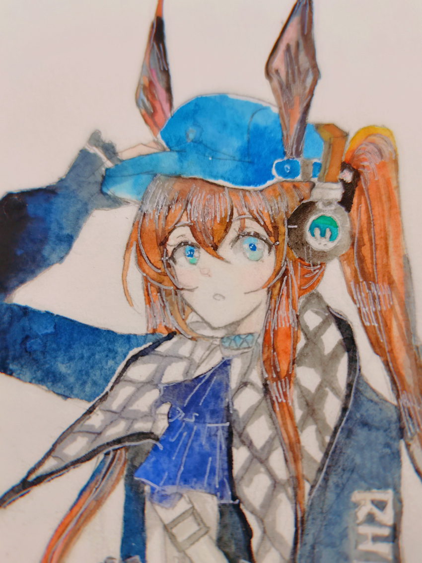 1girl absurdres amiya_(arknights) animal_ears arknights ascot blue_ascot blue_collar blue_eyes blue_headwear blurry brown_hair chinese_commentary cihaochabuduoyizuofei collar depth_of_field ears_through_headwear hair_between_eyes hand_on_headwear hat headphones highres jacket long_hair long_sleeves looking_at_viewer official_alternate_costume open_clothes open_jacket painting_(medium) parted_lips photo_(medium) ponytail rabbit_ears shirt sidelocks simple_background solo traditional_media upper_body watercolor_(medium) white_background white_shirt