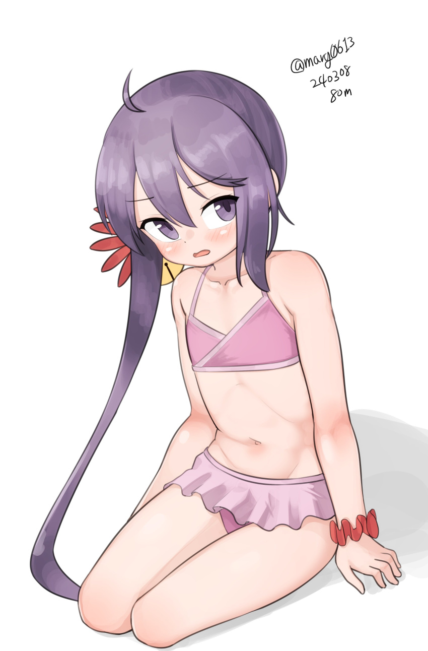 1girl absurdres ahoge akebono_(kancolle) bell bikini bikini_skirt dated flat_chest flower hair_bell hair_flower hair_ornament highres jingle_bell kantai_collection long_hair looking_at_viewer maru_(marg0613) official_alternate_costume one-hour_drawing_challenge pink_bikini purple_eyes purple_hair red_scrunchie scrunchie simple_background sitting solo swimsuit twitter_username very_long_hair white_background wrist_scrunchie yokozuwari