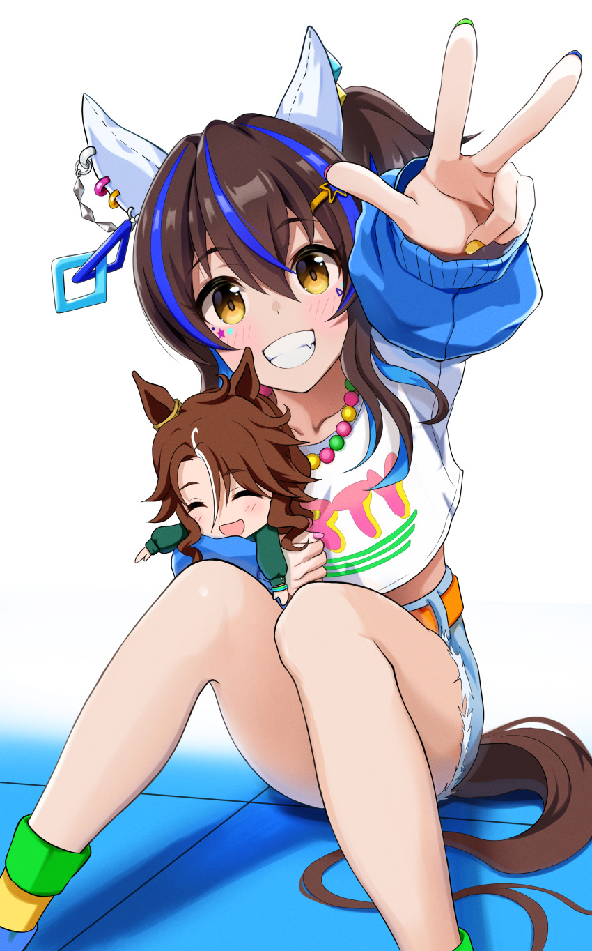 1girl ^_^ absurdres animal_ears belt blue_hair blue_shorts blush brown_eyes brown_hair character_doll chokin_tsucho closed_eyes commentary_request cutoffs daitaku_helios_(umamusume) feet_out_of_frame green_nails grin hair_between_eyes highres horse_ears horse_girl horse_tail knees_up long_sleeves looking_at_viewer mejiro_palmer_(umamusume) multicolored_hair multicolored_nails nail_polish orange_belt outstretched_arm puffy_long_sleeves puffy_sleeves purple_nails shirt short_shorts shorts side_ponytail sitting sleeves_past_wrists smile solo streaked_hair tail tile_floor tiles umamusume w white_background white_hair white_shirt yellow_nails