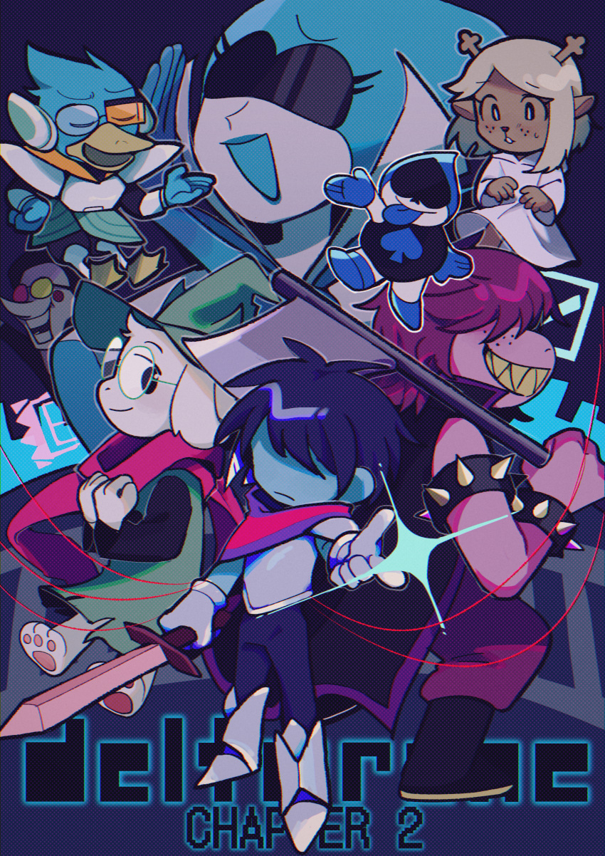 1other 3girls 4boys absurdres antlers asymmetrical_eyewear axe beak berdly_(deltarune) blue_skin colored_skin copyright_name covered_horns deer_girl deltarune dice32ki freckles hat highres kris_(deltarune) lancer_(deltarune) looking_at_viewer multiple_boys multiple_girls noelle_holiday ojou-sama_pose pointing queen_(deltarune) ralsei scouter smile spamton_g._spamton susie_(deltarune) sword tinted_eyewear tongue tongue_out weapon wizard_hat