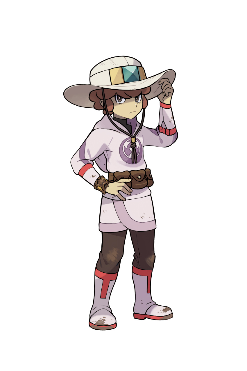 1boy absurdres bangs boots bracelet brown_bag brown_pants closed_mouth dirty_footwear frown full_body hand_on_headwear hand_on_hip hand_up hat highres hood hood_down jewelry lian_(pokemon) long_sleeves looking_at_viewer male_focus official_art pants pokemon pokemon_(game) pokemon_legends:_arceus pouch short_hair solo standing transparent_background white_footwear white_headwear