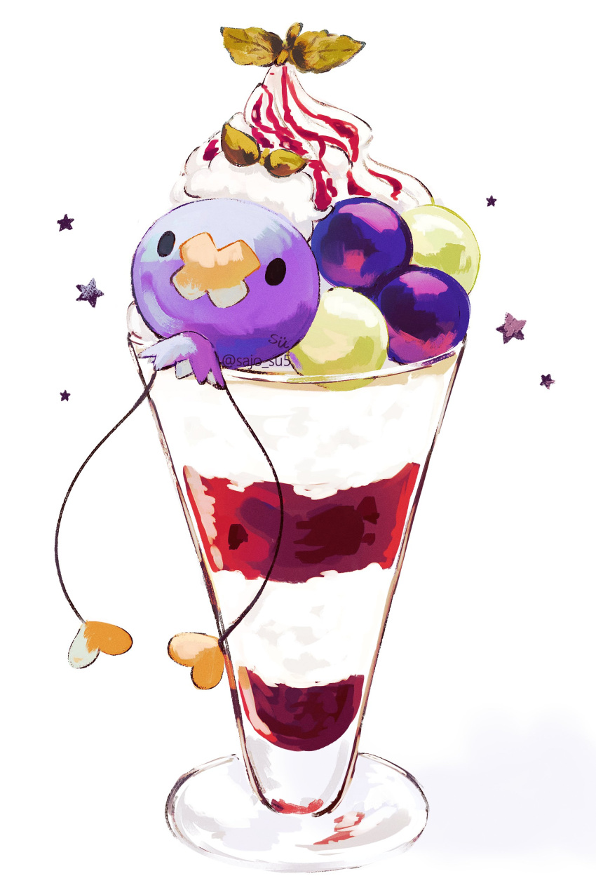 absurdres colored_skin dessert drifloon food highres leaf no_humans parfait pokemon pokemon_(creature) purple_skin simple_background solid_oval_eyes star_(symbol) su_(sajo_su5) white_background