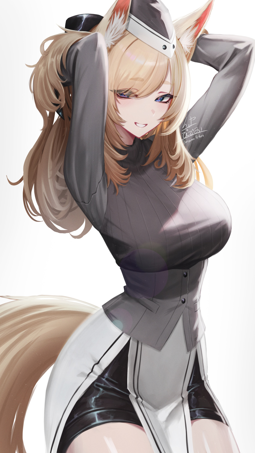 1girl absurdres animal_ear_fluff animal_ears arknights arms_up black_bow black_eyeliner black_shorts blonde_hair blue_eyes bow breasts corset eyelashes eyeliner garrison_cap grey_sweater hair_bow hands_in_hair hat highres horse_ears horse_girl horse_tail ikasamahideo large_breasts long_hair long_sleeves looking_at_viewer makeup pants pelvic_curtain short_eyebrows short_shorts shorts signature simple_background smile solo sweater tail thick_eyebrows tight_clothes tight_pants whislash_(arknights) white_background