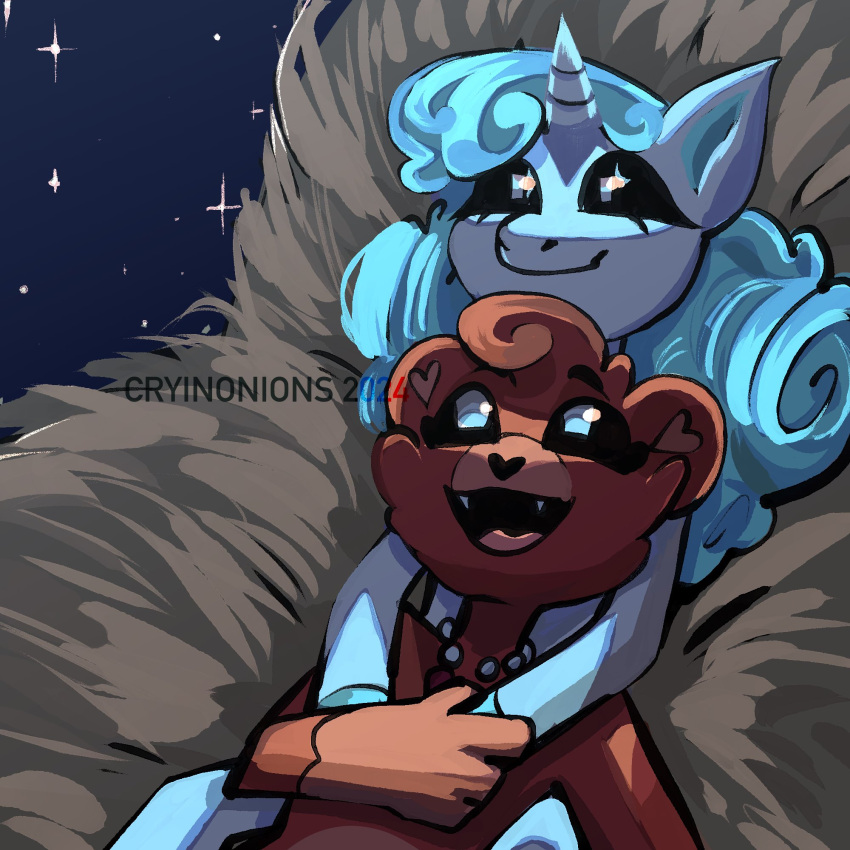 anthro bear bobby_bearhug craftycorn cryinonions duo equid equine female female/female hi_res horn jewelry lying lying_on_another mammal mythological_creature mythological_equine mythology necklace night on_back on_hay open_mouth open_smile poppy_playtime sky smile smiling_critters star tongue unicorn