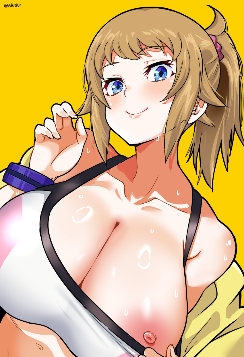 1girl absurdres aiuti blue_eyes blush breasts cleavage clothes_pull collarbone gundam gundam_build_fighters gundam_build_fighters_try highres hoshino_fumina large_breasts light_brown_hair looking_at_viewer midriff nipples ponytail simple_background smile solo sports_bra sports_bra_pull sweat two-tone_sports_bra upper_body